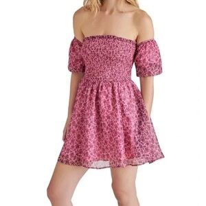 Betsey Johnson Pink Floral Puff Sleeve Smocked Mini Dress size Large Y2K